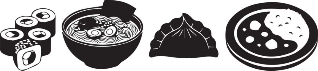 Collection of asian food items including sushi soup dumpling and rice dish