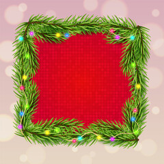 Blank Christmas border, frame with green branch of Christmas tree, fir and lighting, garland with red background. Holiday design, decor. Vector illustration