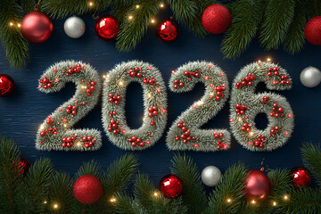 Fluffy Pine Needle Digits 2026 with Ornaments and Lights &ndash; New Year Illustration