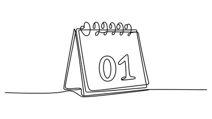 Minimalist one-line drawing of a desk calendar displaying the number 01, featuring clean continuous-line art style for modern date, schedule, and planner concepts