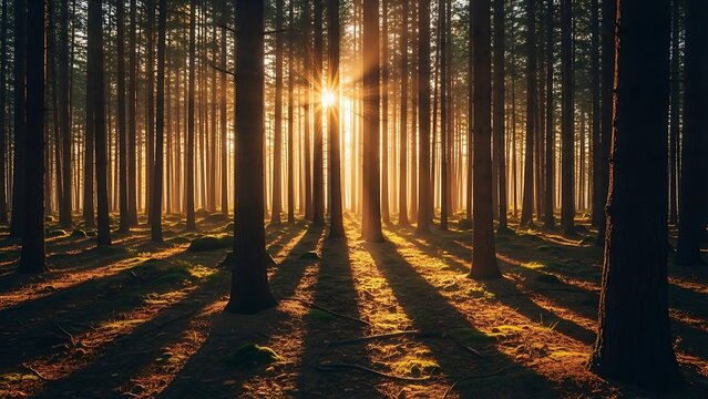 Radiant Sunburst Illuminating a Dense Pine Forest Creating Dramatic Golden Shadows. - Powered by Adobe