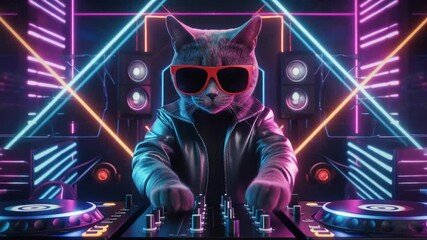 Cool DJ Cat in Neon Lights, Entertaining Nightlife with Music and Style