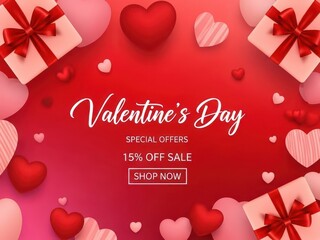 Valentine's day sale promotion with hearts and gift boxes on red background
