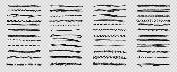 Naklejka premium Crayon chalk pencil and watercolor brush underline line art on like transparent png bg displaying hand drawn doodle effect with black textured color marks ideal for blackboard themed kit bundle.