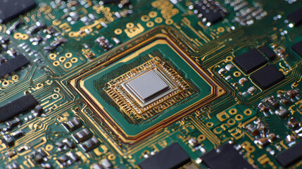 Fototapeta premium Close-up view of a computer circuit board with a central microchip