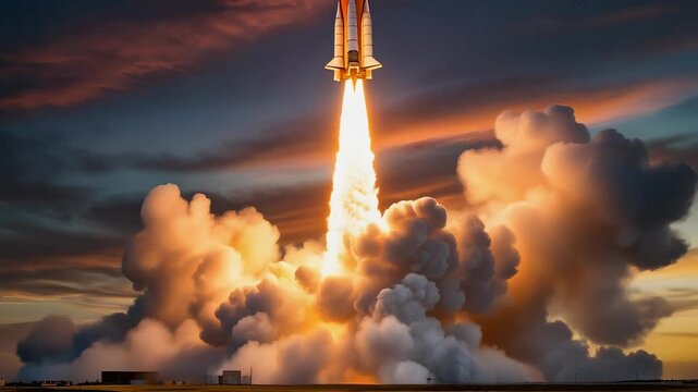 Spectacular Rocket Launch Against a Colorful Sunset Sky with Dramatic Clouds and Smoke