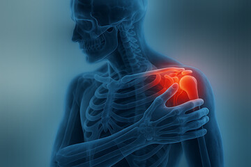 Human anatomy illustration highlighting shoulder joint pain with skeletal structure showing inflammation injury and musculoskeletal medical condition