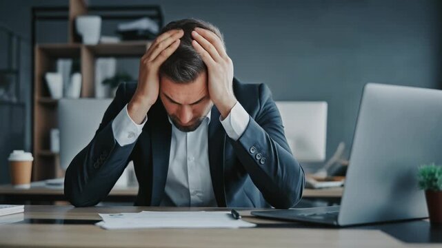 Stressed businessman in office showing signs of anxiety and burnout during work hours