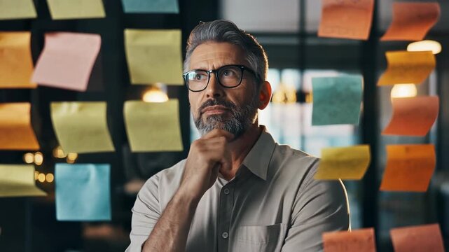 Focused man contemplating ideas with colorful sticky notes in a modern workspace