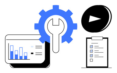 Business management, productivity tools, project planning, data analysis, workflow optimization, task management. A gear, bar graph checklist and play symbol illustrate these concepts. Productivity