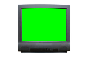 Old CRT TV with green screen isolated on white background.