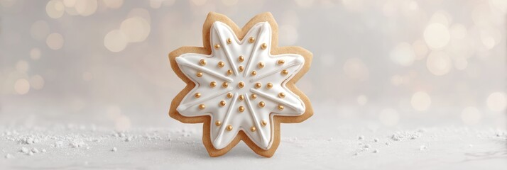 Christmas star cookie with white icing and gold sprinkles on a festive background