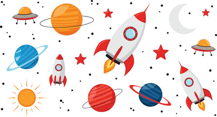 Cute Cartoon Outer Space Adventure Background with Rockets, Planets, Stars, Sun, Moon, and UFOs, Perfect Vector Illustration for Children's Book Covers and Nursery Wallpaper