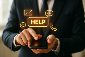 Online customer support concept with businessman using smartphone showing glowing help service panel and digital communication technology