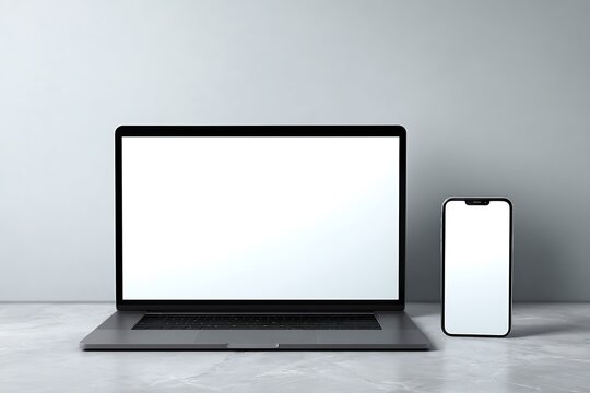 Minimalist Workspace Featuring a Laptop and Smartphone with Blank Screens for Customization, Ideal for Tech Presentations.