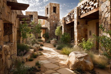 A climate-adaptive courtyard home with passive cooling towers, shaded structures, and drought-friendly landscaping. Climate-adaptive courtyard home with wind-catcher towers, shaded colonnades, cool st