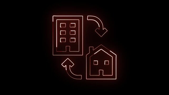 Glowing neon line hybrid work icon with dynamic split-screen animation. Workplace collaboration animation HD video isolated on black background.