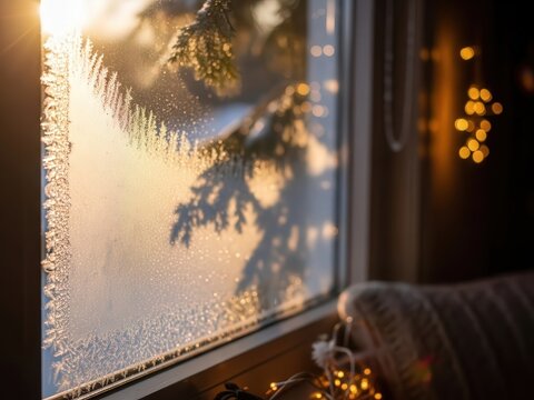 Frosted windowpane with sun glare and tree shadow on a winter morning. - Powered by Adobe