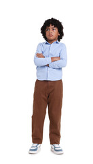 Fototapeta premium Portrait of little boy with crossed arms on white background