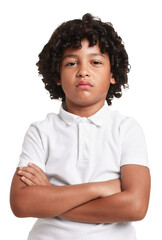 Portrait of little boy with crossed arms on white background