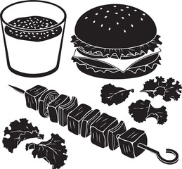 Black and white illustration of a hamburger kebab and drink