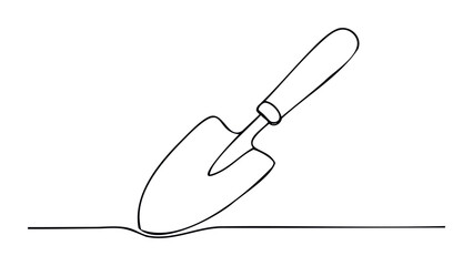 A single line sketch of a garden trowel, symbolizing planting, digging, and soil work. Ideal for gardening resources and organic themes.