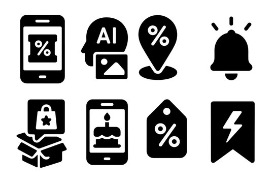 Digital Promotions Icons. Solid style icons of personalized promotions: digital coupon screen, AI-targeted ad icon, location-based