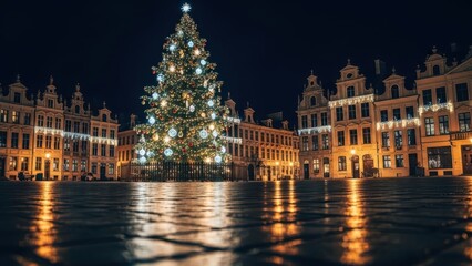 Illuminated christmas tree in european city square