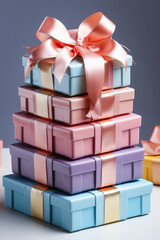 Obraz premium Beautifully Wrapped Christmas Gifts Stacked Together in Pastel Colors on a Festive Table