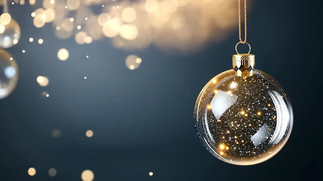 Glass ornaments dangle and reflect light against a dark background with sparkles and holiday decorations