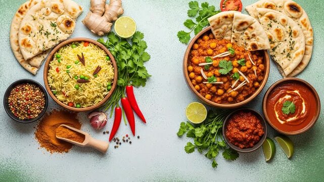 Delicious indian food including rice, naan bread, and curry on a table