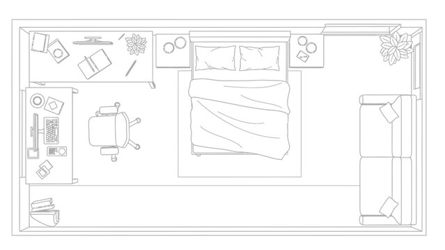 Top-down view of a bedroom layout with furniture floor plan
