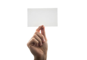 Fototapeta premium Hand holding a blank white business card against a white background, perfect for adding custom text or images