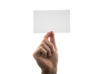 Hand holding a blank white business card against a white background, perfect for adding custom text or images