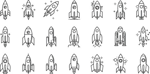 Fototapeta premium Minimalist Line Art Rocket Ship Icons Set: Space Travel, Startup Launch, Exploration, Innovation, Technology, Science, and Business Success Symbols for Web, App, and Graphic Design.