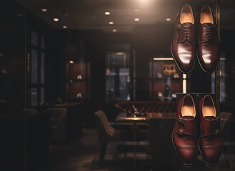 Shoes display window. Elegant brown leather shoes displayed in upscale interior setting 