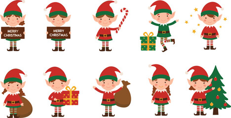 Christmas elf illustration set, cartoon festive characters with gifts, tree, candy cane, sack, joyful poses, holiday graphics