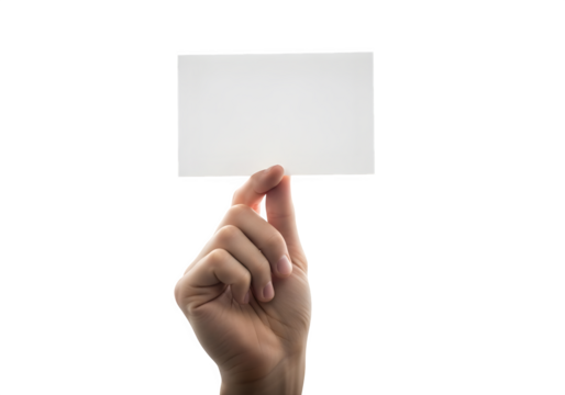 Hand holding a blank white business card against a white background, perfect for adding custom text or images