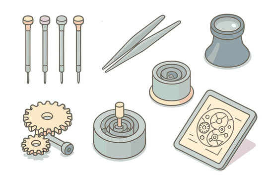Watchmaking Tools Illustration. Isometric vector illustration set of horology precision tools: watchmaker screwdrivers, tweezers,