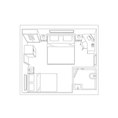 Top-down floor plan of a hotel room with two beds and bathroom