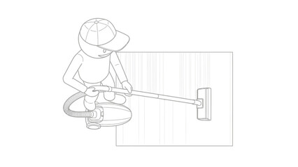 Stick figure cleaning with vacuum cleaner and hose
