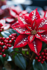 Bright Red Poinsettia With Sparkling Details Surrounded by Berries in Festive Decor