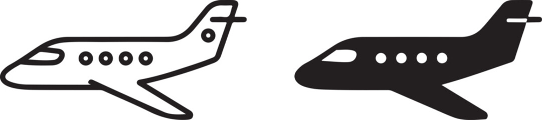 Isolated private jet airplane icon, minimal jet plane vector, aerodynamic aircraft silhouette, smooth clean outline, modern flight symbol, travel aviation buyer focused illustration