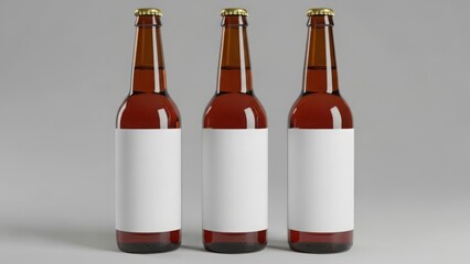 Three amber glass beer bottles with blank white labels stand ready for branding
