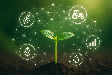 Young green plant growing in soil with agriculture technology icons representing digital farming sustainability and environmental innovation connection