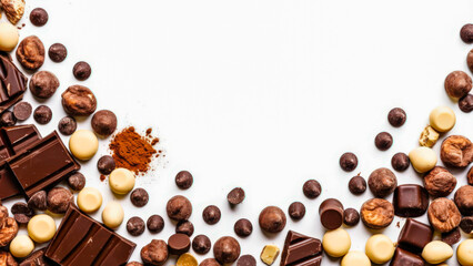 Assorted Chocolate and Cocoa Ingredients Arranged Creatively on a White Background for a Dessert or Baking Theme
