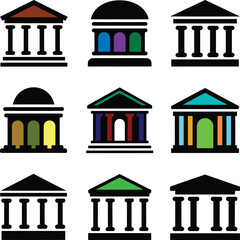 Fototapeta premium Collection of stylized classical building icons with colorful entrances