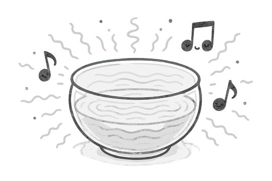 Harmonious Glass Bowl. A glass bowl gently humming with visible wavy sound vibrations, surrounded by tiny smiling notes and