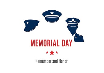 Memorial Day illustration honoring military service members with caps and stars.