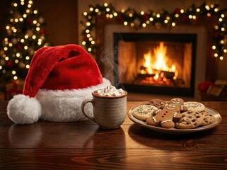 Transparent Santa Hat resting on a mug of hot chocolate by a fireplace.